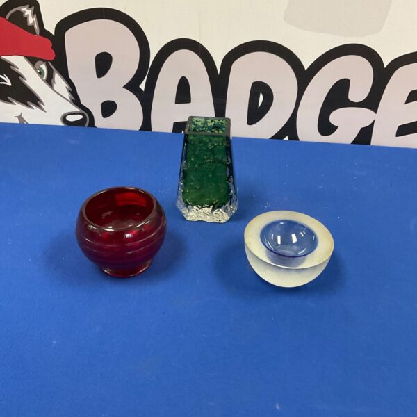 Vintage Whitefriars ruby red glass vase, coffin shape, collectible art glass.