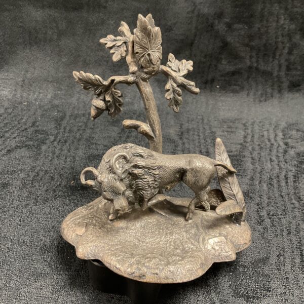 Detailed whitemetal bison sculpture with oak tree, vintage collectible.