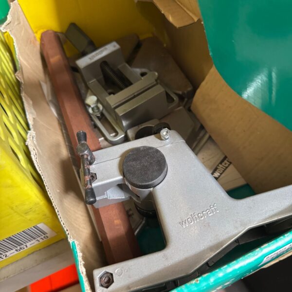 Wolfcraft drill press stand 22000, metal workshop tool for accurate drilling.