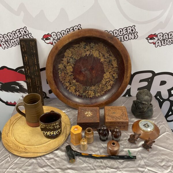 Assorted wooden boxes, serving tray, and studio pottery mugs in a lot.