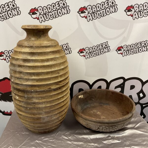 Rustic wooden fruit bowl and large Greek olive jar displayed together.
