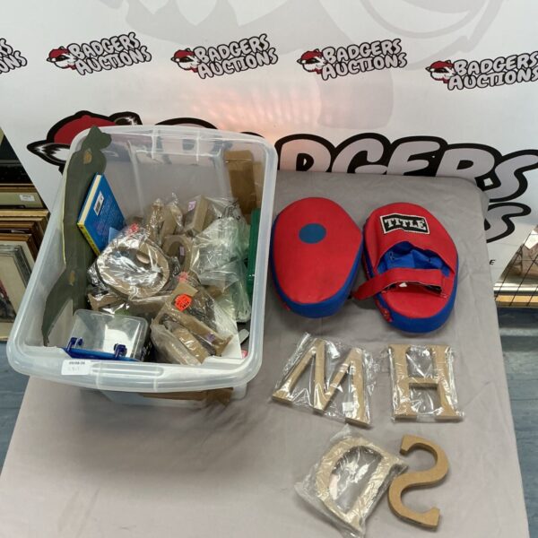 Mixed lot of wooden lettering and Title boxing pads for crafting and sports.
