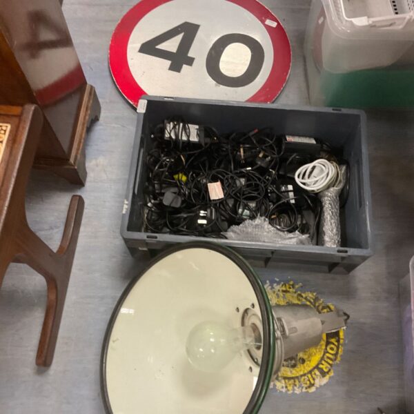 Large enamelled workshop light with vintage 40mph sign and power supplies.