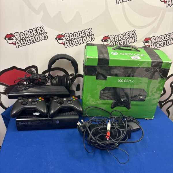 Xbox 360 E console with Kinect and controllers for gaming.