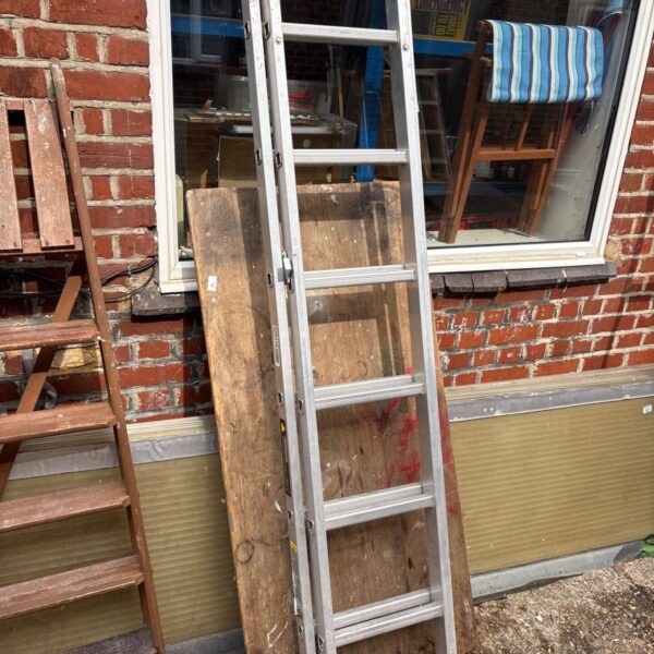 Vintage Young man aluminium folding ladder in a garden setting.