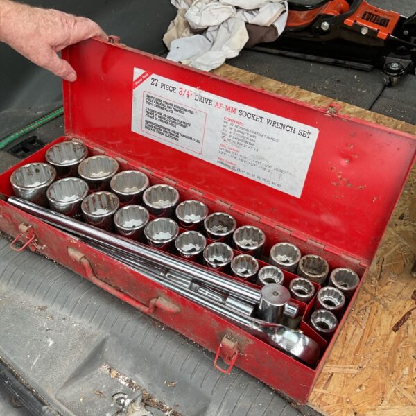 Chrome vanadium 3/4 drive wrench set with various socket sizes.