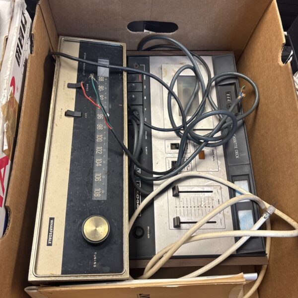 Vintage Akai stereo cassette player with Wharfedale broadcaster.