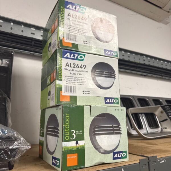 Three Alto AL2649 aluminium bulkhead lights, one with broken glass.
