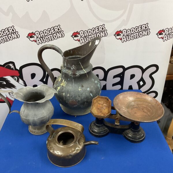 Antique copper water jug and pewter pitcher with scales.