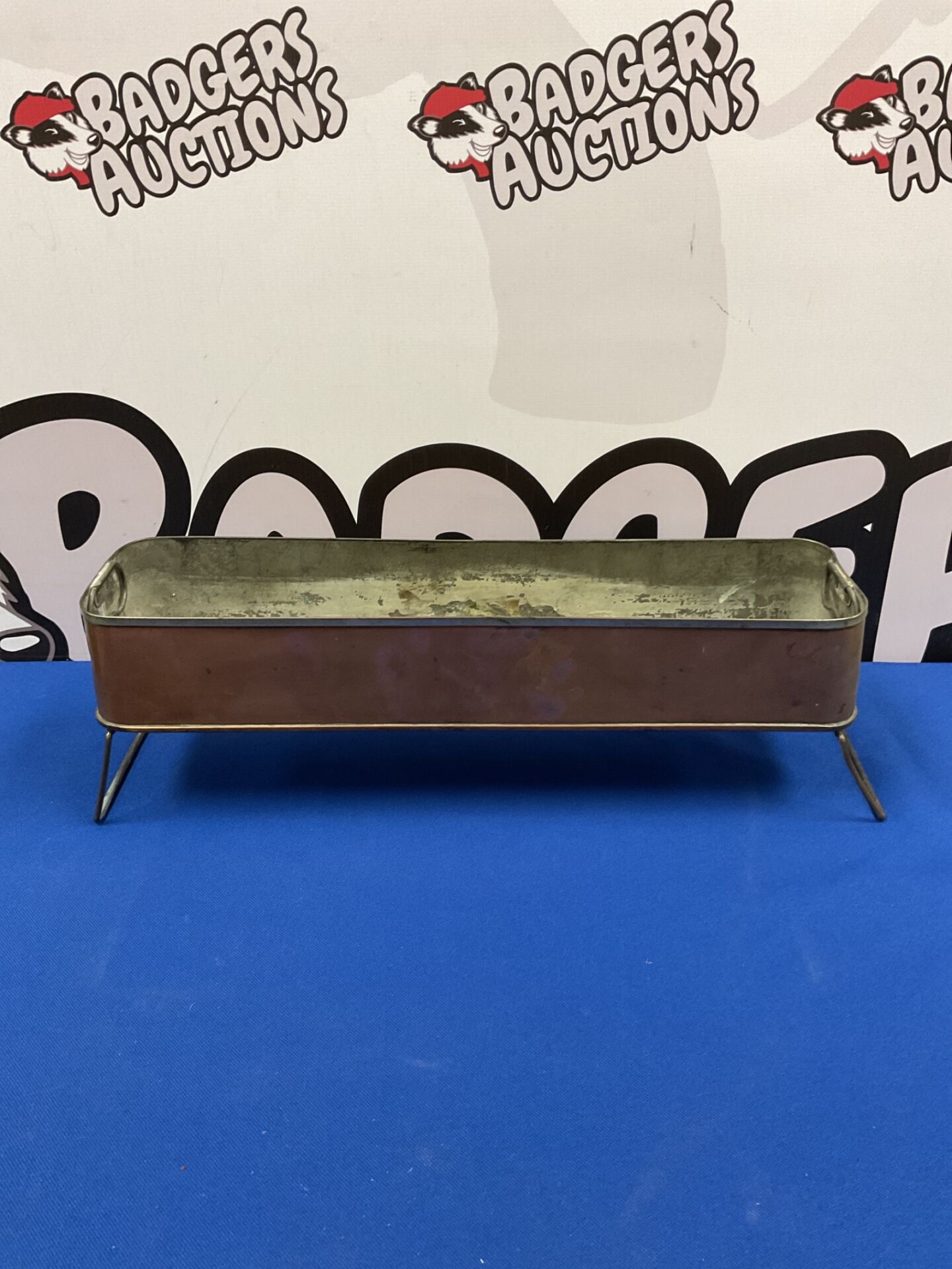 014 Antique copper field medic sterilising trough featuring folding metal legs