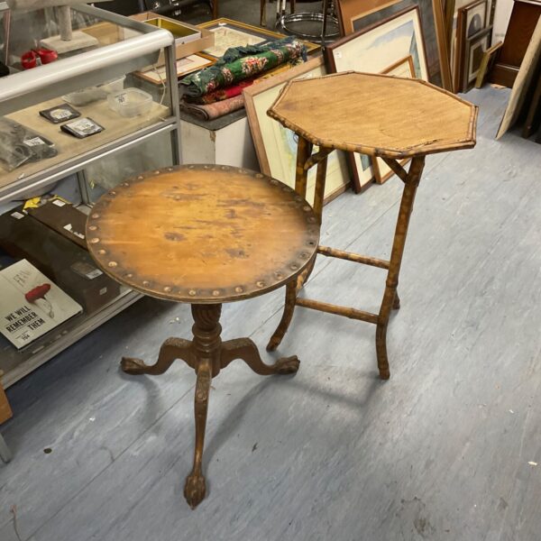 Antique mahogany tripod table needing restoration.