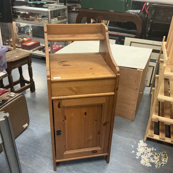 Antique pine wash bowl unit with cupboard and recessed top.