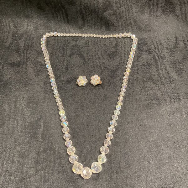 Antique 1920s rock crystal necklace and ear clips set.
