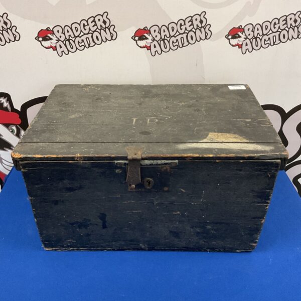 Antique wooden lock box, vintage carriage storage, collectible item.