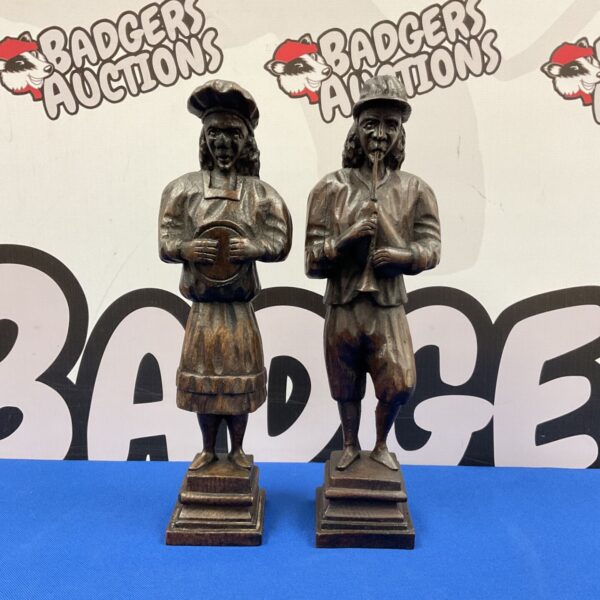 Antique wooden carvings of musicians, 18th/19th century folk art.