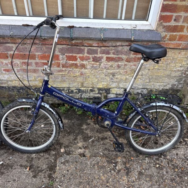Blue Apollo Shimano folding bicycle, ideal for compact storage.