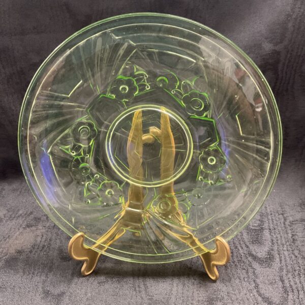 Vintage Art Deco uranium glass bowl with green floral details.