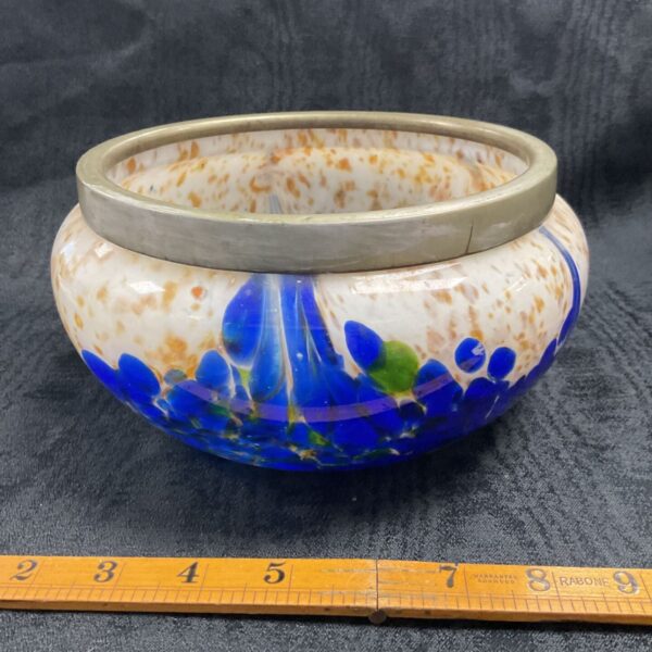 Stunning Art Nouveau glass bowl with silver plate rim.