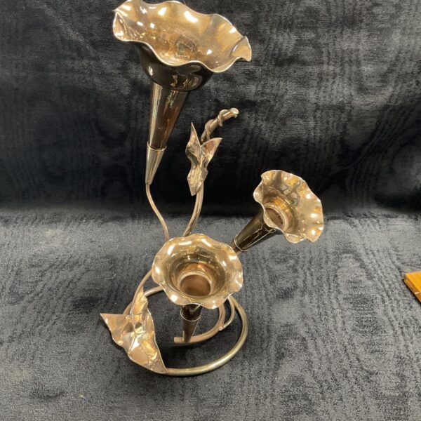 Antique Art Nouveau silverplate epergne with three trumpet vases.