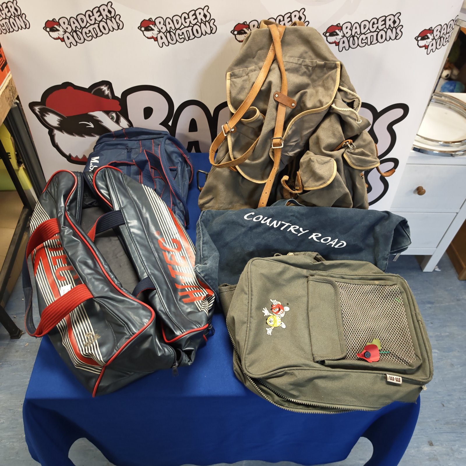 Assorted bags lot including rucksacks and holdalls in varied condition.