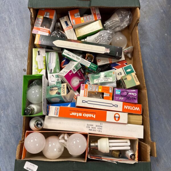 Tray of assorted light bulbs including Osram LED and filament options.