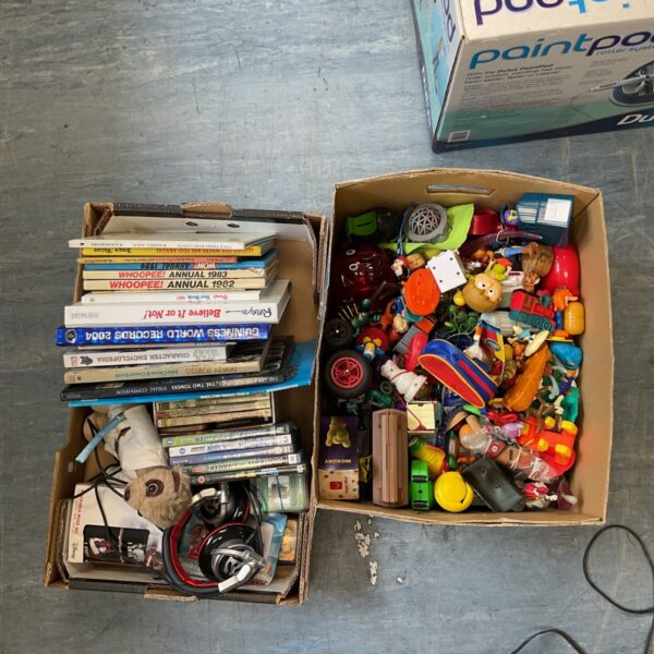 Assorted vintage toys and books in a mixed lot for collectors.