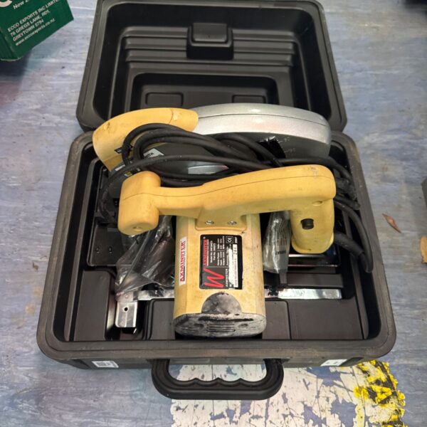 Axminster circular saw inside its original carrying case.