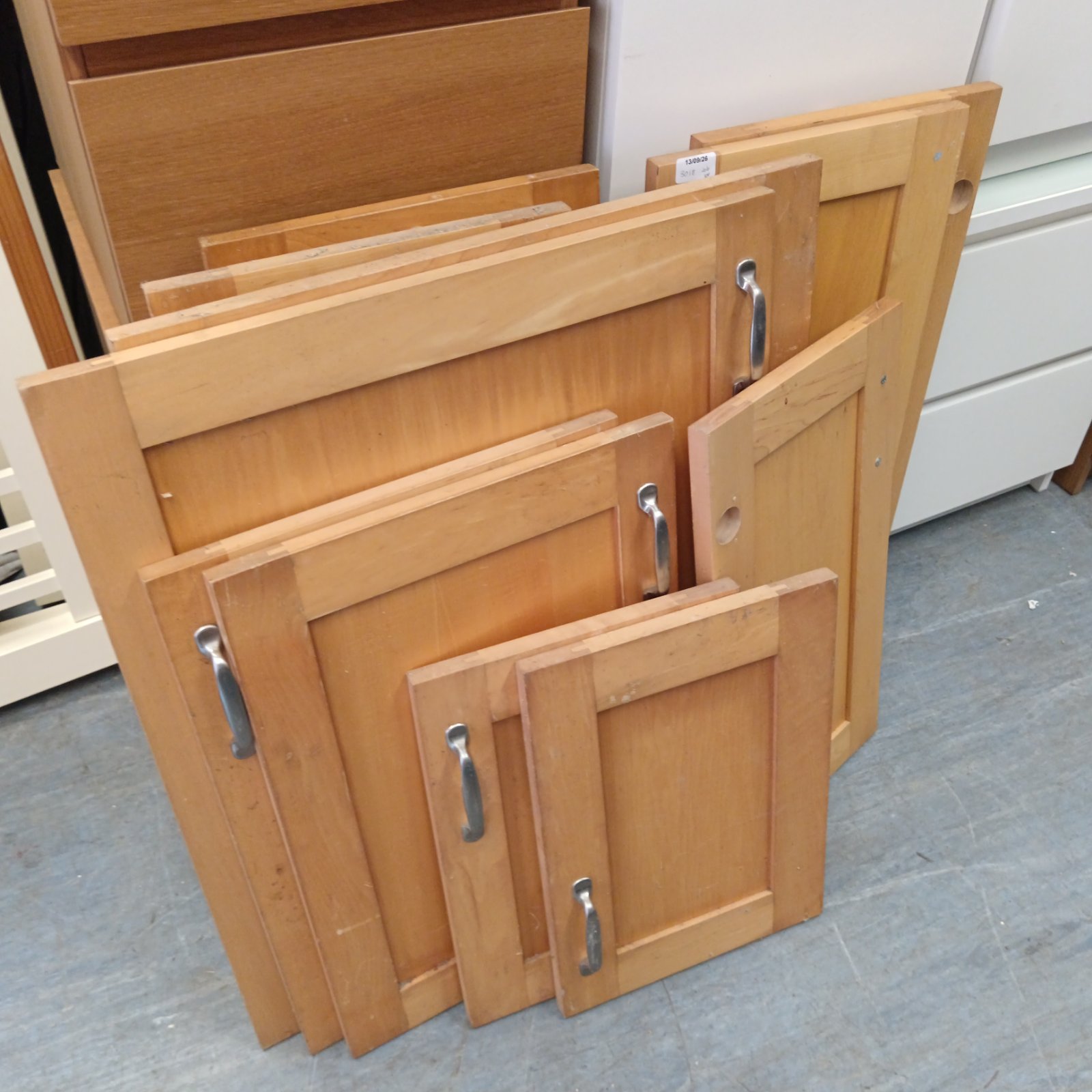 Lot of vintage beech cupboard doors for kitchen or furniture restoration.