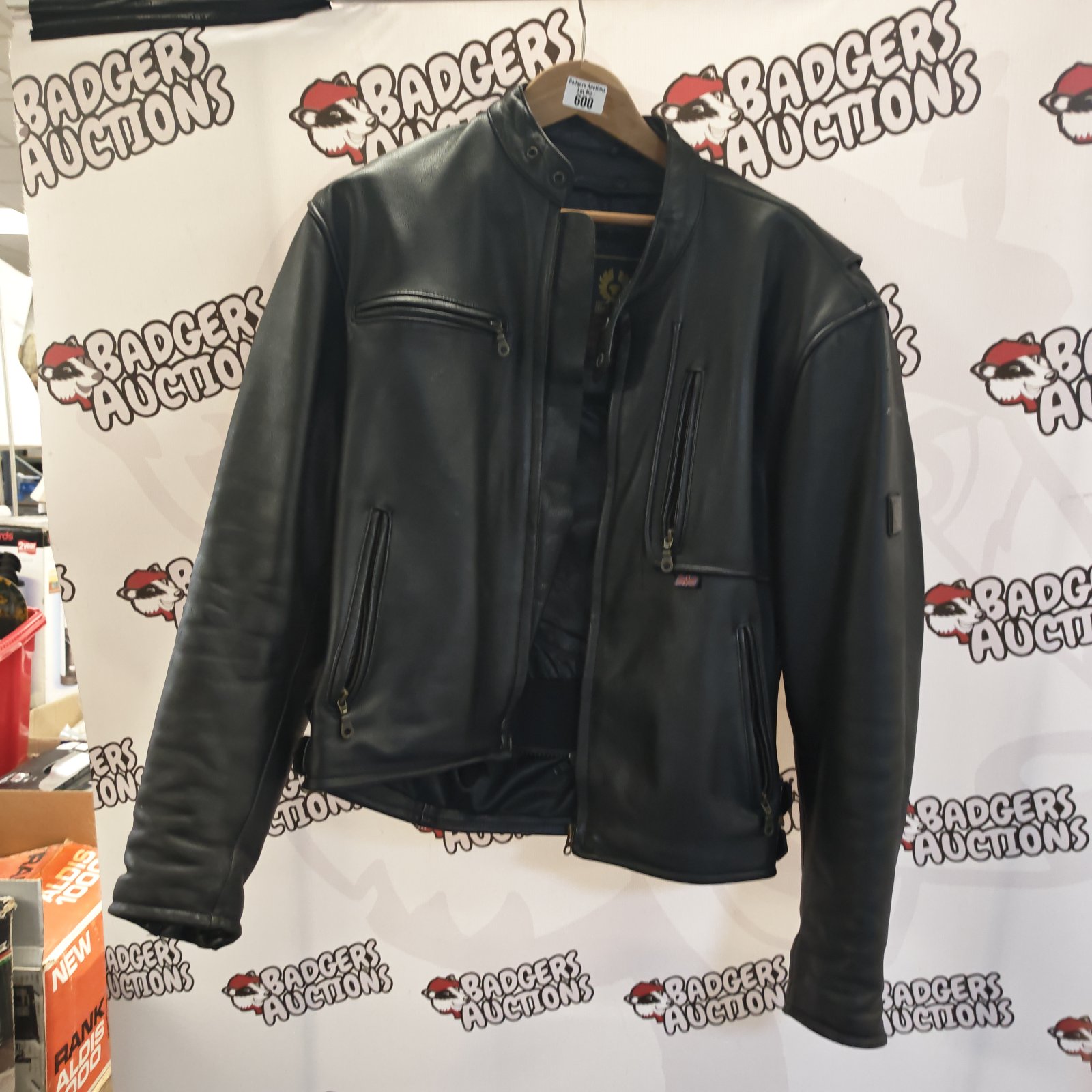 Belstaff size 46 leather motorcycle jacket, classic biker style.
