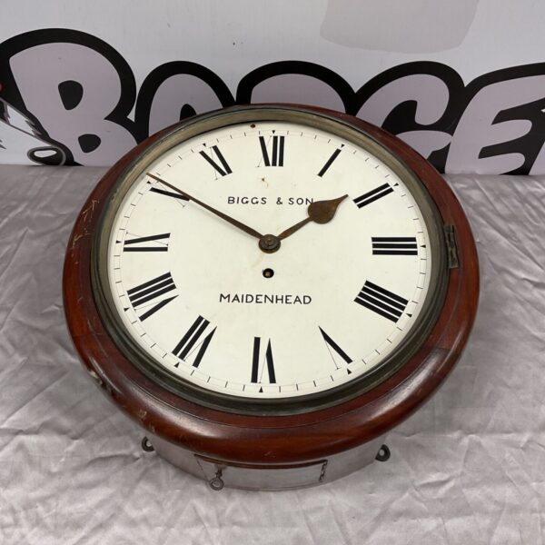 Antique Biggs & Son Maidenhead mahogany wall clock with Roman numerals.
