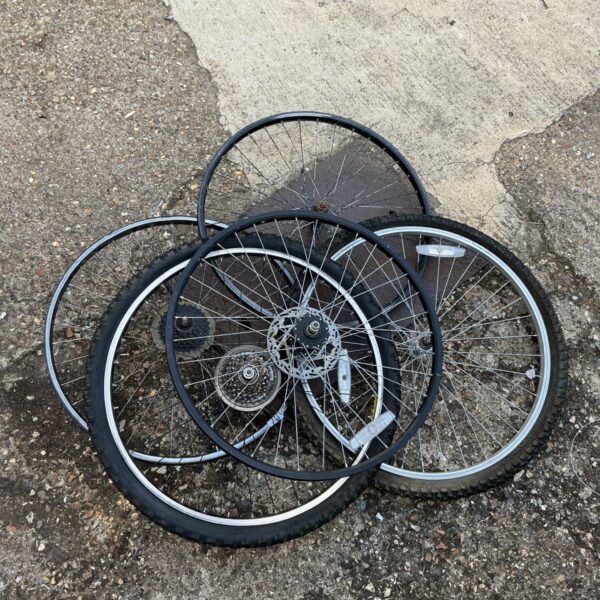 Used bike wheels lot for repair or spares.
