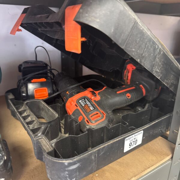 Black & Decker cordless drill set, untested, flat battery.