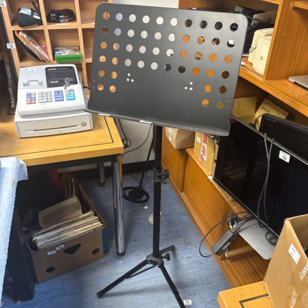 Black heavy-duty orchestral sheet music stand for musicians.
