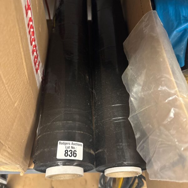 Two rolls of black pallet wrap for secure packaging.