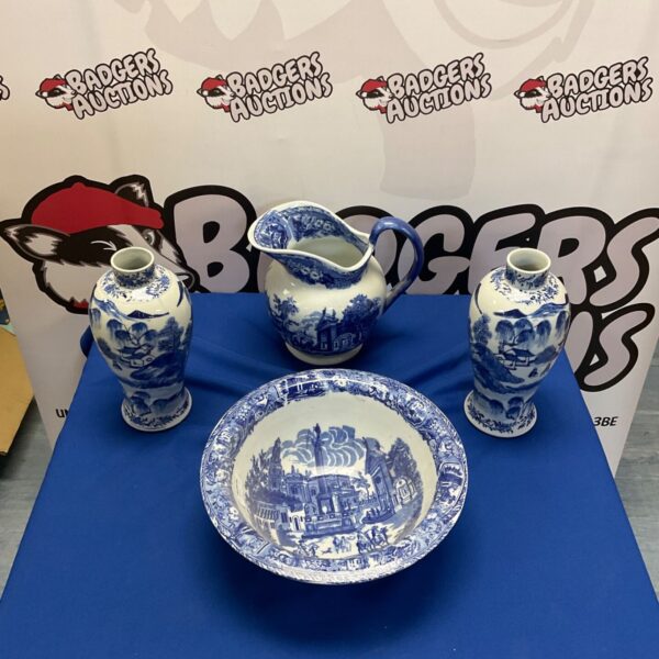 Antique blue and white porcelain wash set with vases.
