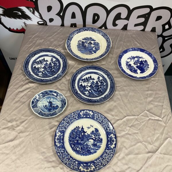 Six blue and white porcelain collector's plates with landscape scenes.