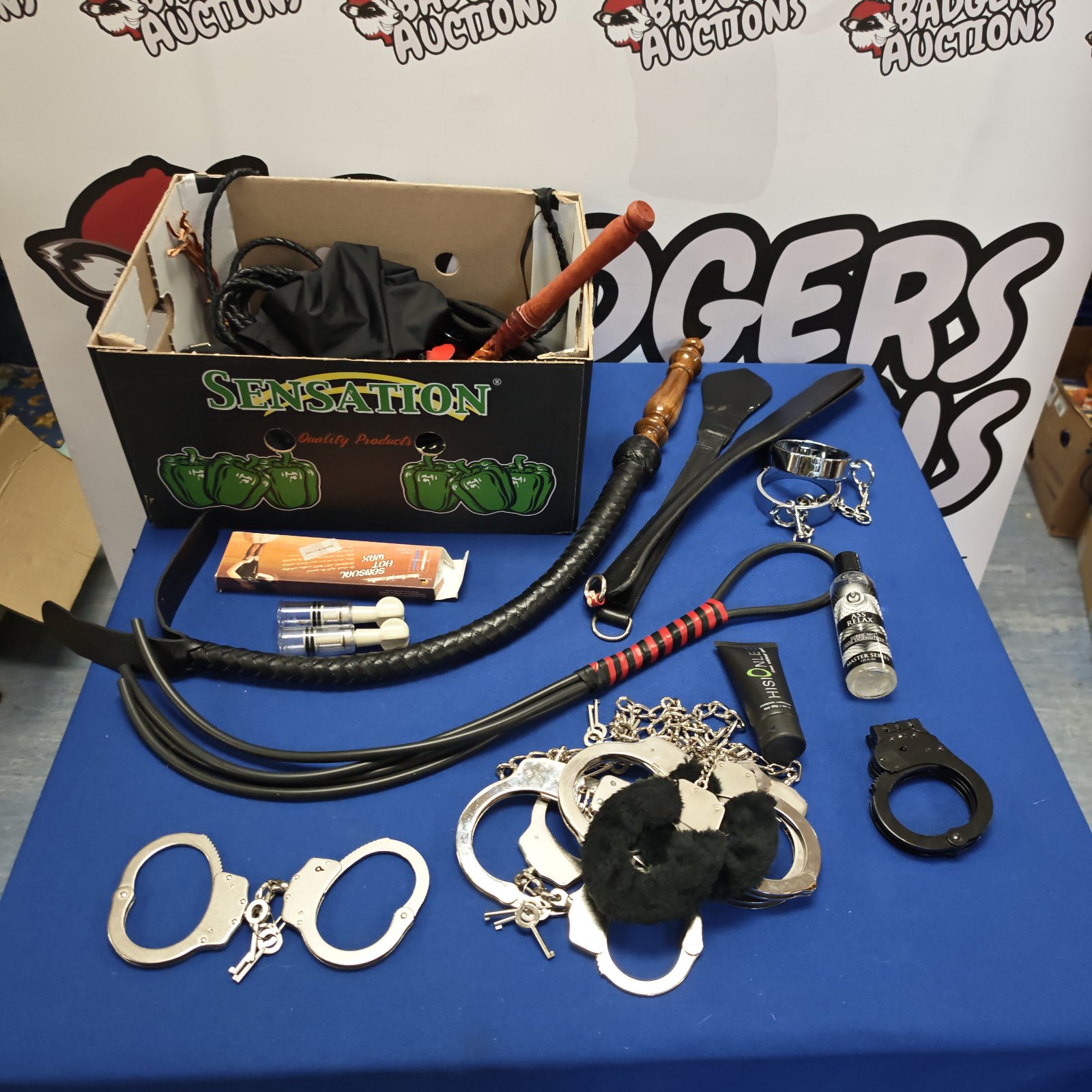 Bondage kit with whip, handcuffs, and clamps in original box.