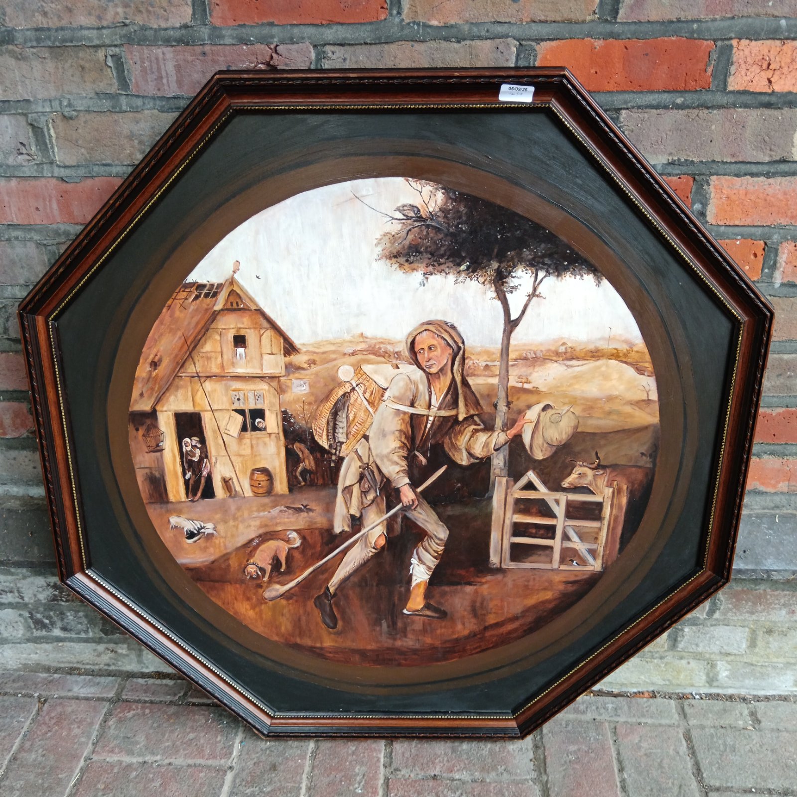 Framed reproduction oil painting of Bosch’s The Wayfarer.