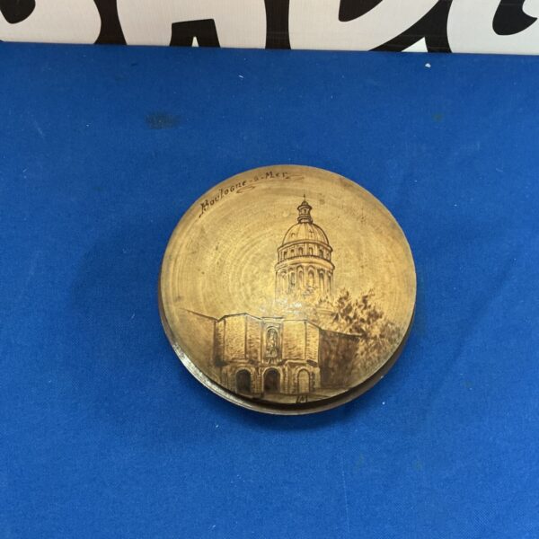 Vintage wooden bowl with Boulogne-sur-Mer carving, French souvenir.