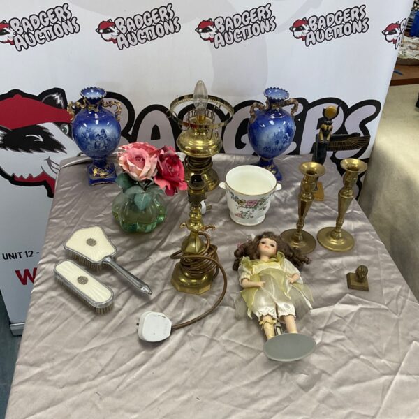 Vintage mixed lot including brass candlesticks and a porcelain doll.