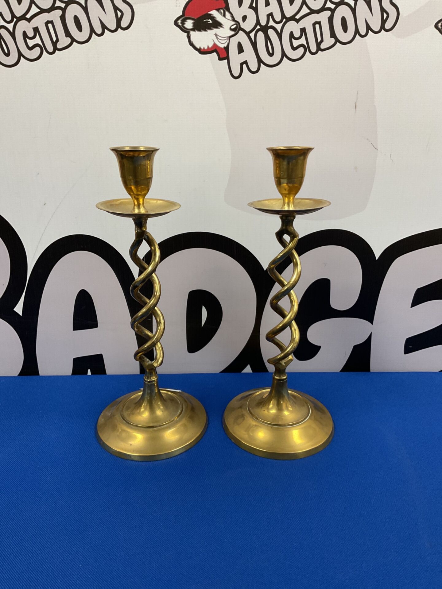 051 Pair of brass twist stem 10” candlesticks