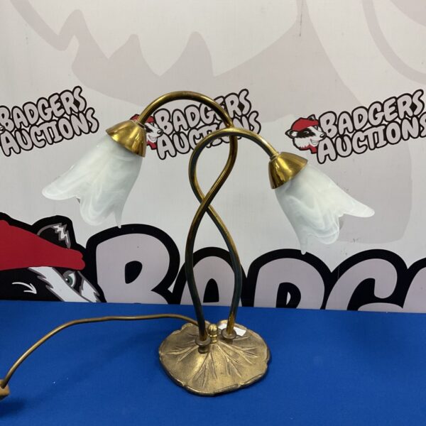 Vintage brass lily pad table lamp with two adjustable heads.