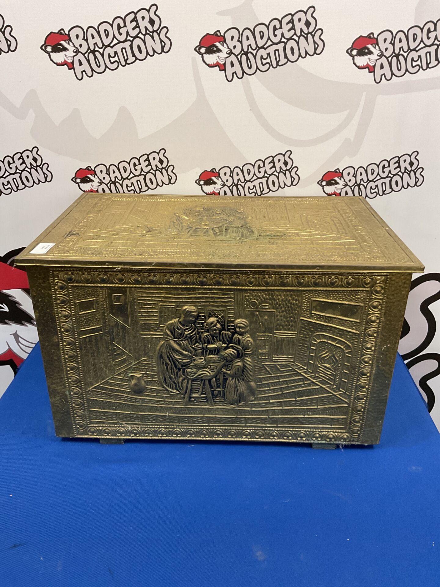 108 Vintage brass tavern scene coal or log box