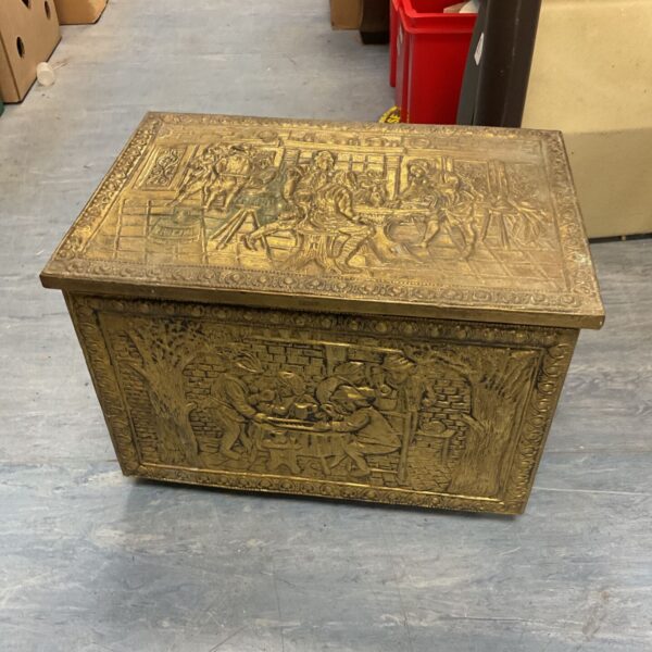 Vintage brass coal box with detailed tavern scene.