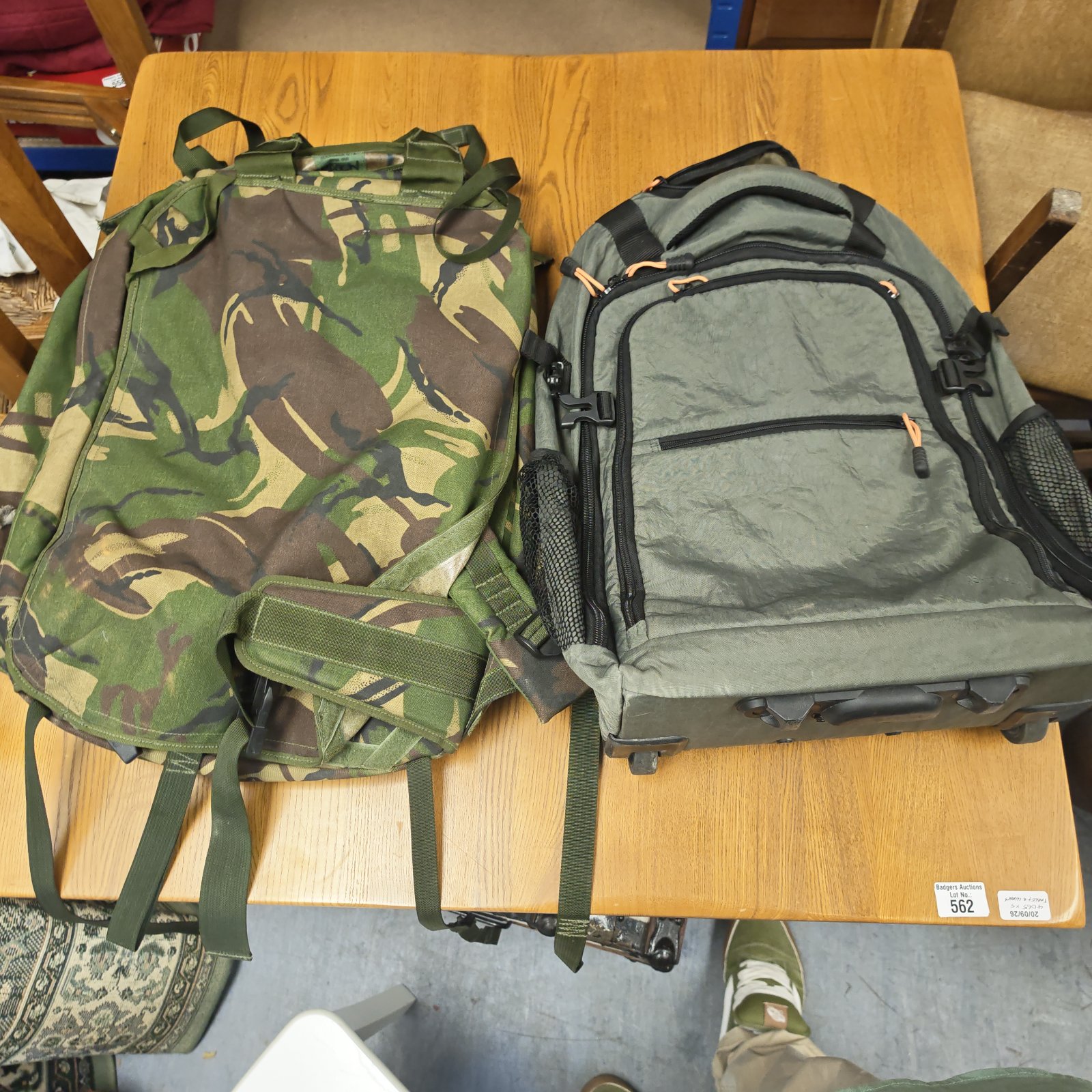 British military rucksack in forest camouflage with wheels.