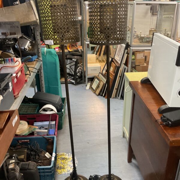 Pair of vintage bronze effect floor lamps with adjustable shades.