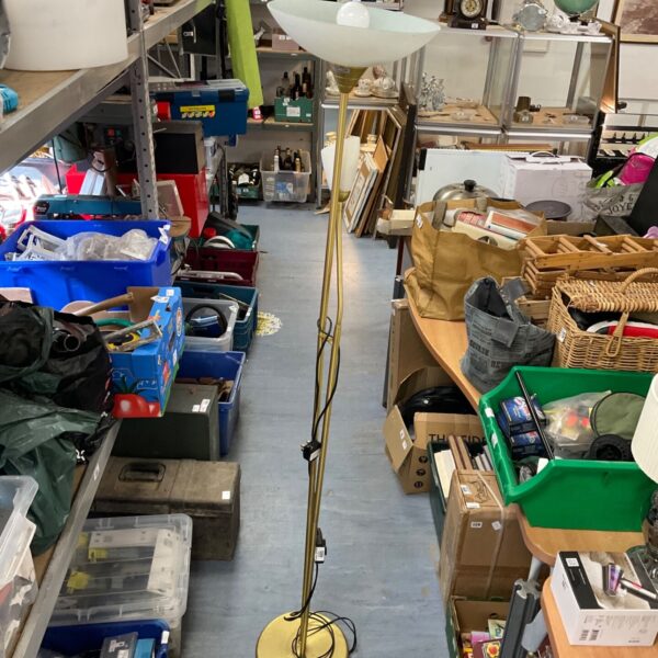Vintage brushed brass uplighter floor lamp with reading light.