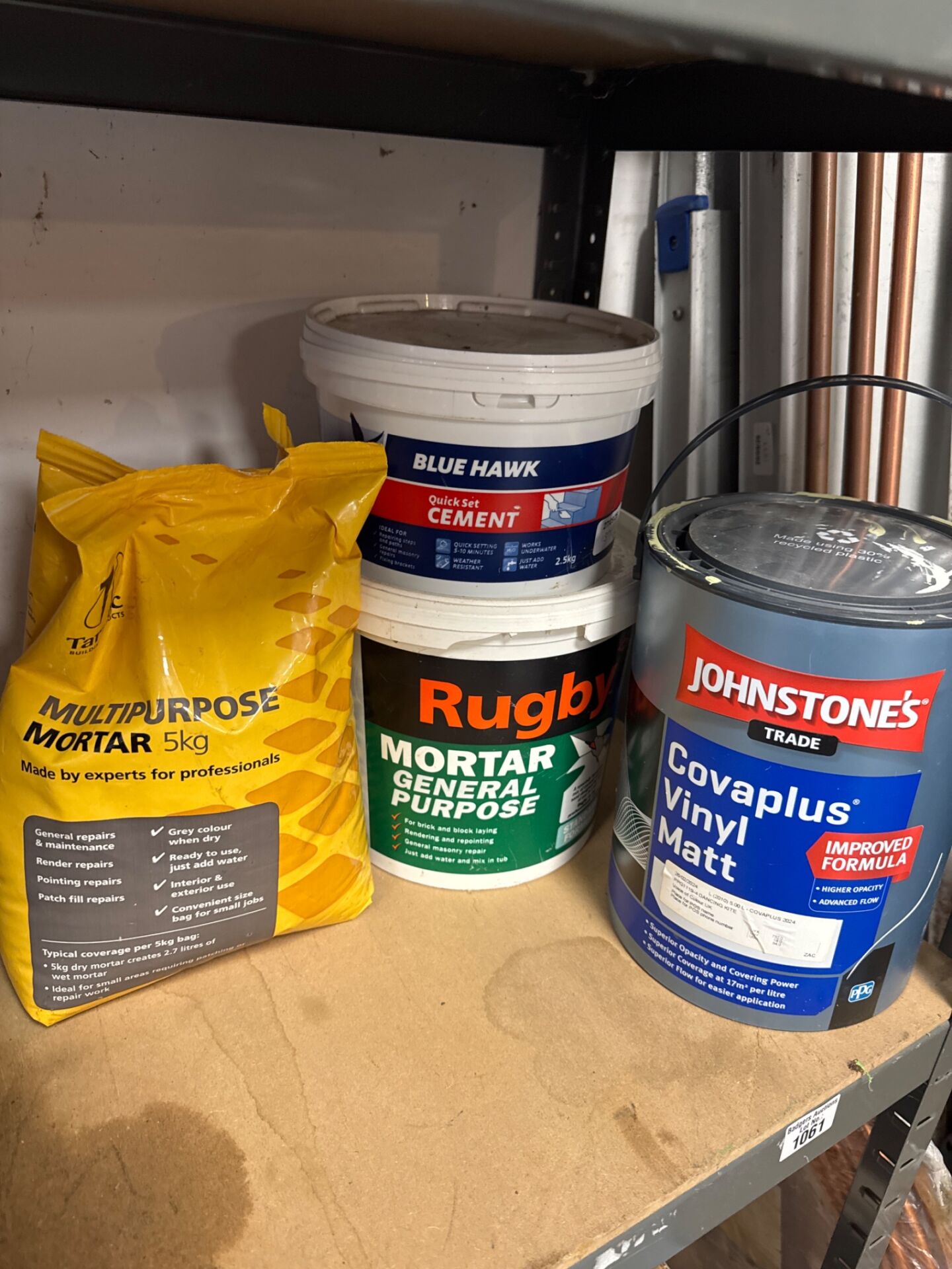 1061 Bundle of building materials inc mortar, cement & part used tub of covaplus vinyl Matt paint