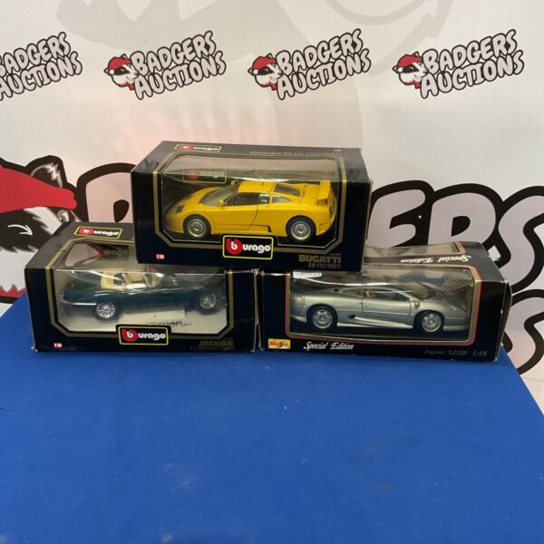 Burago model car lot featuring Jaguar, Bugatti, and XJ220.