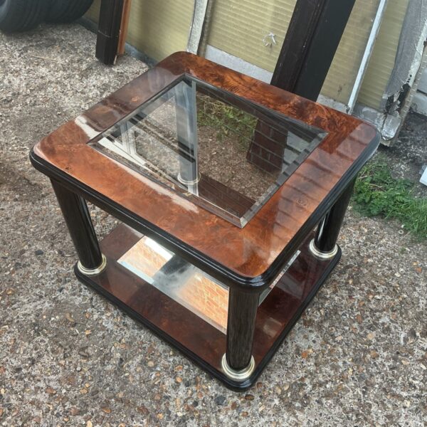 Vintage burr walnut occasional table with glass top and mirrored base.